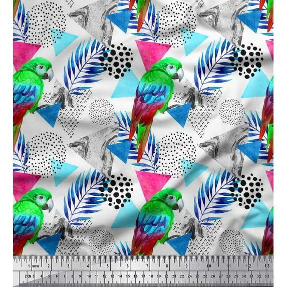 Soimoi Poly Georgette Fabric Leaves,Dot & Parrot Bird Printed Fabric 1 Yard 52 Inch Wide