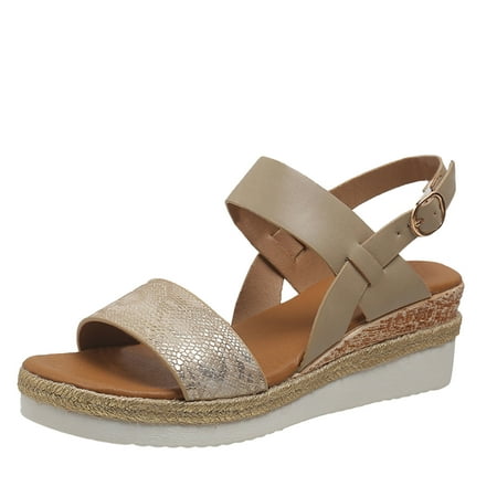 

ZTTD Ladies Fashion Lines Print Leather Open Toe Buckle Sloping Heel Thick Sole Sandals Khaki