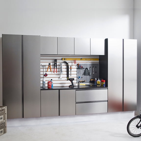 128in. W X 72in. H 20in. D Garage Cabinet Series. Wall Mounted, Soft Closing Drawers, Extra Deep Storage, Water & Heat , Stain Scratch Surface Series 7 - Metallic Grey, Smooth Closing,