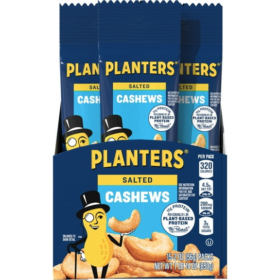 PLANTERS Salted Cashews, Plant Based Protein, Whole, Kosher, 2 oz Pouch (pack of 15)