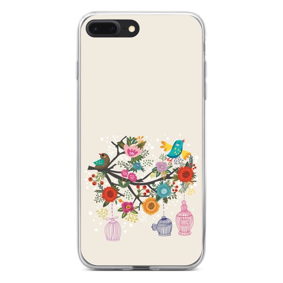 DistinctInk Clear Shockproof Hybrid Case for iPhone 7 PLUS / 8 PLUS (5.5" Screen) - TPU Bumper, Acrylic Back, Tempered Glass Screen Protector - Spring Collection - Floral Birds Teal Red