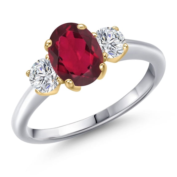 Gem Stone King 925 Silver and 10K Yellow Gold Ruby Red Mystic Topaz and Lab Grown Diamond Engagement Ring for Women | 1.84 Cttw | Oval 8X6MM | Gemstone November Birthstone | Size 6