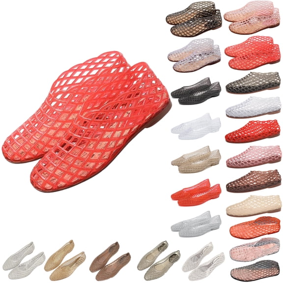 Bmawag Jelly Flat Sandals for Women Lightweight Round Toe Slip-On Hollow Breathable Jelly Mesh Flats