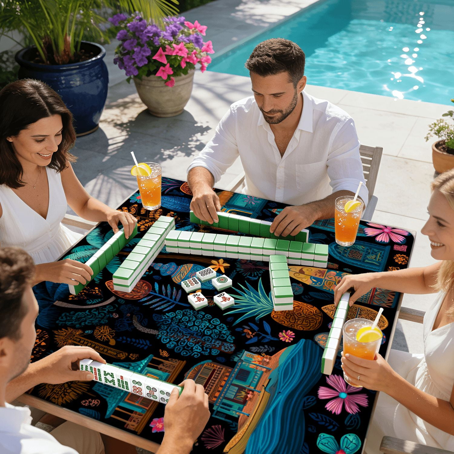 Mahjong Mat 31.5" x 31.5" seamless retro exotic brown Non-Slip Noise Reduction American Mahjong Tiles Table Cover for Dominoes Poker Card Board Games Gift