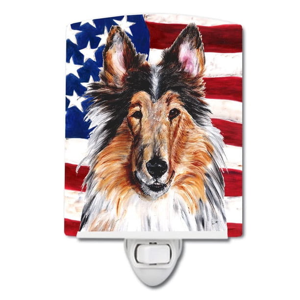 Caroline'S Treasures Sc9622Cnl Collie Con Bandera Americana Ee.Uu. Luz Nocturna De Cerámica Compacta Con Certificación Ul, Ideal Para Dormitorio, Baño, Guardería, Pasillo, Cocina, 6 X 4 X 3, Multicolo