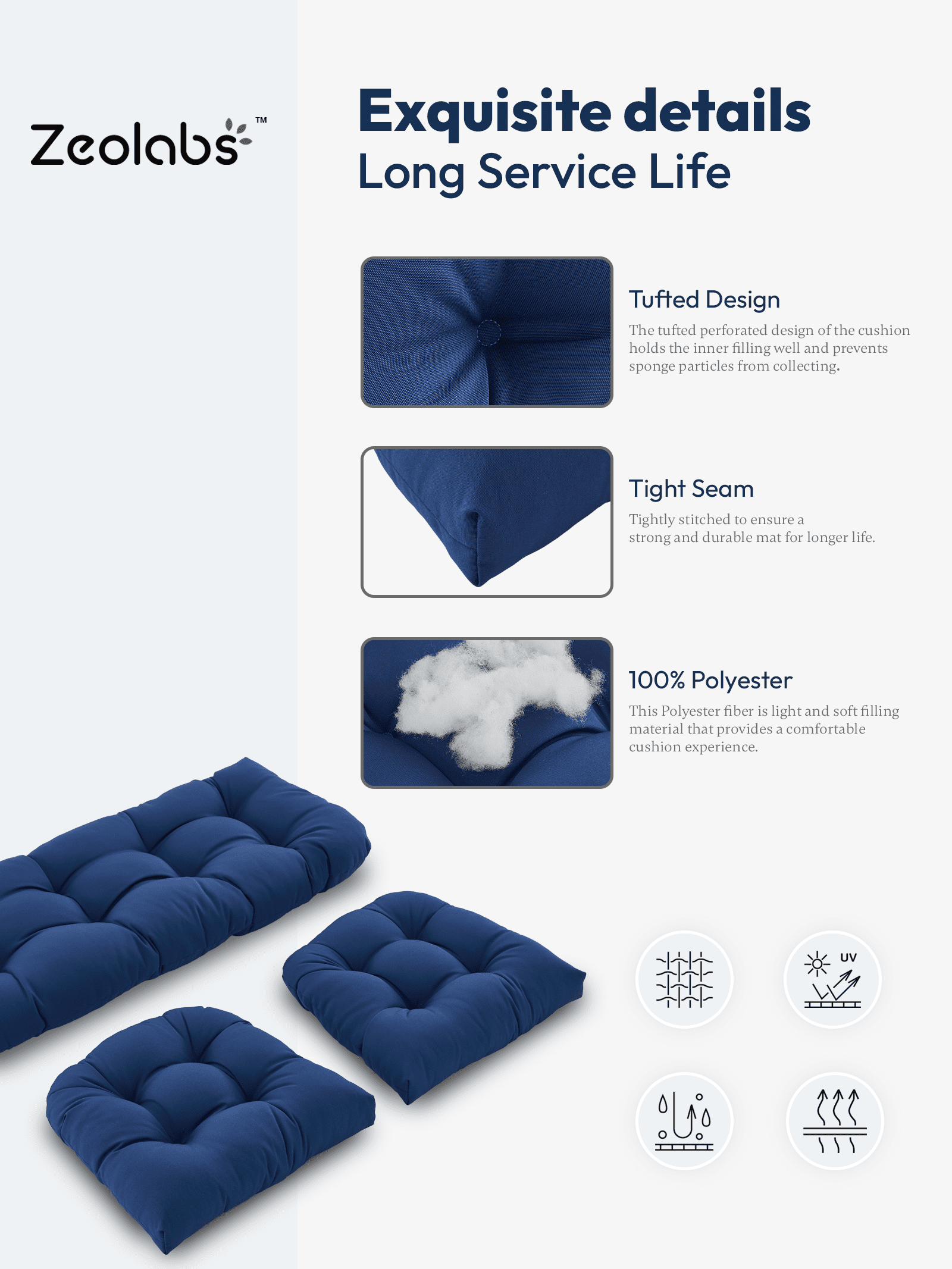 ZEOLABS Outdoor Wicker Chair Cushions of 3 Pieces Waterproof Tufted Seat Cushions set for Patio Furniture Sofa Bench Settee Couch, 1 Loveseat and 2 U-Shaped Cushions, Navy Blue