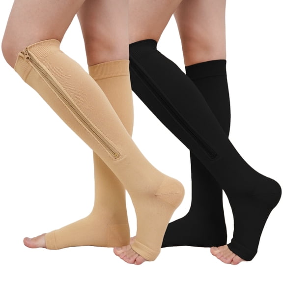 Zipper Compression Socks for Women - UNEEI 2 Pairs Open Toe Compression Socks, Knee High Support Stockings for Circulation, Varicose Veins, Swelling & Recovery
