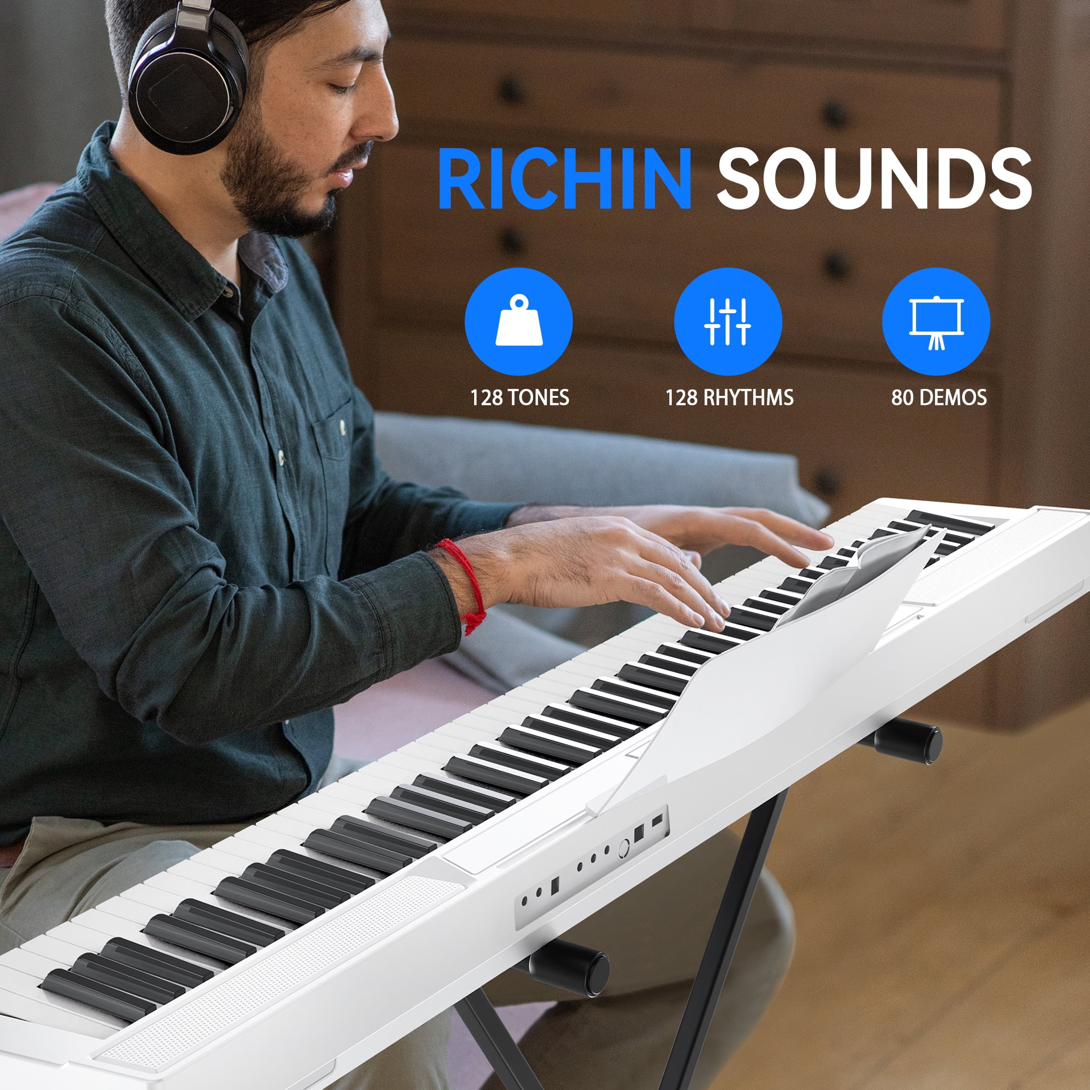Furnibear 88 Key Piano Keyboard Semi Weighted Electric Keyboard Piano with Stand, Pedal, Headphones, Carrying Case, White