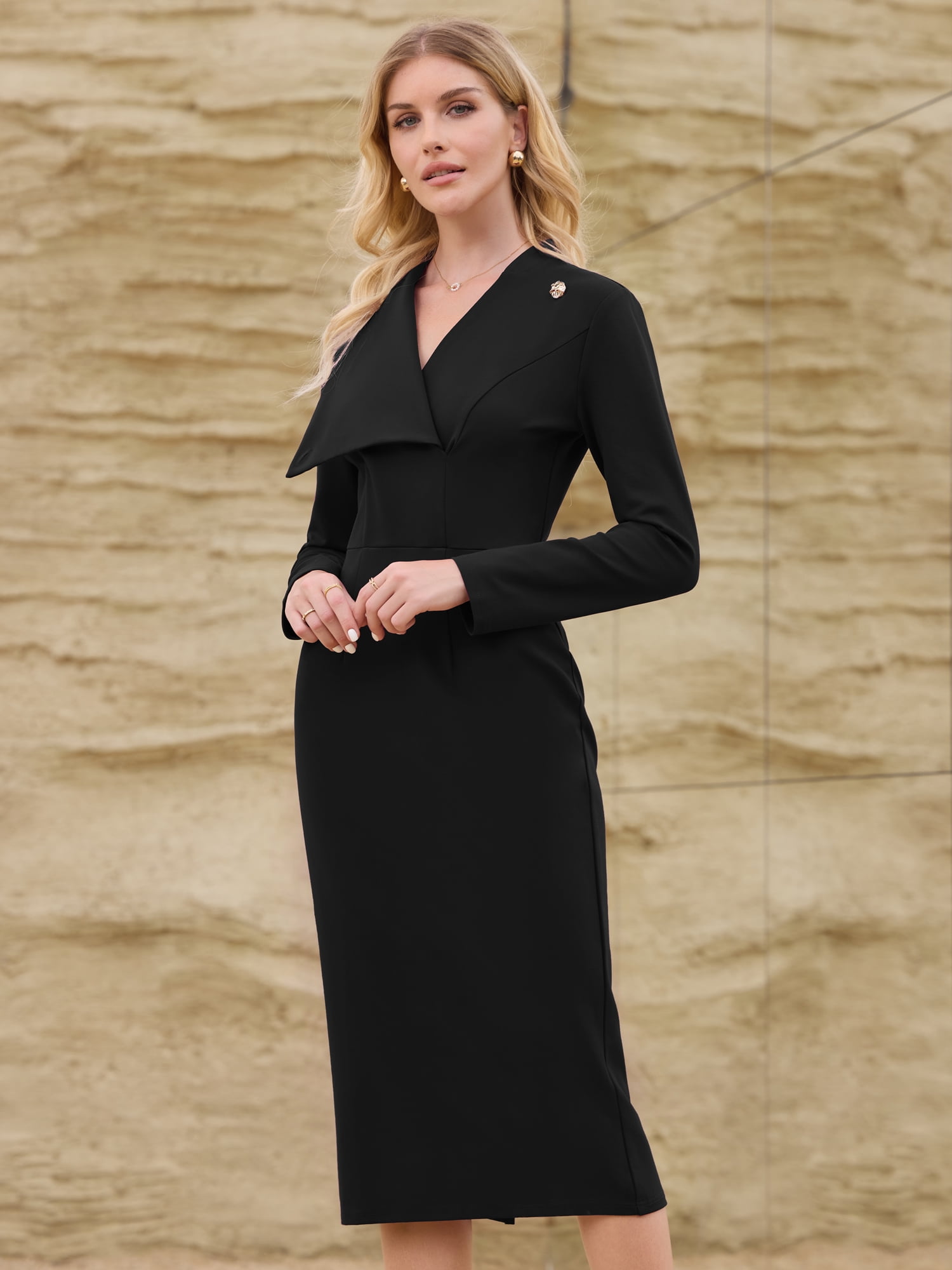 DARING DIVA Women's Elegant Pencil Dress Lapel V Neck Long Sleeve Dress M Black