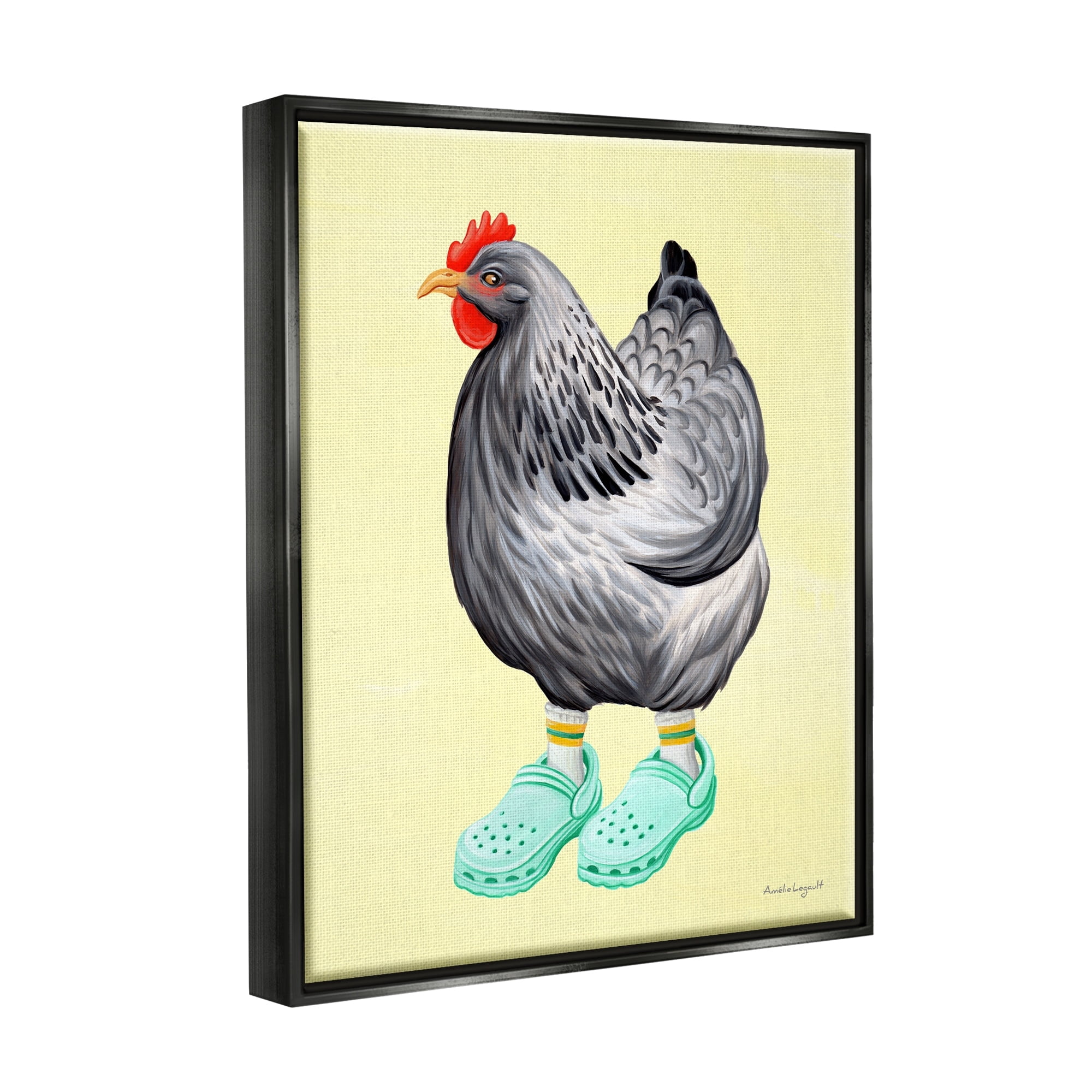 Stupell Industries Chicken Hen Vibrant Rubber Clogs Farm Animal Graphic Art Metallic Gold Floating Framed Canvas Print Wall Art, Design by Amelie Legault