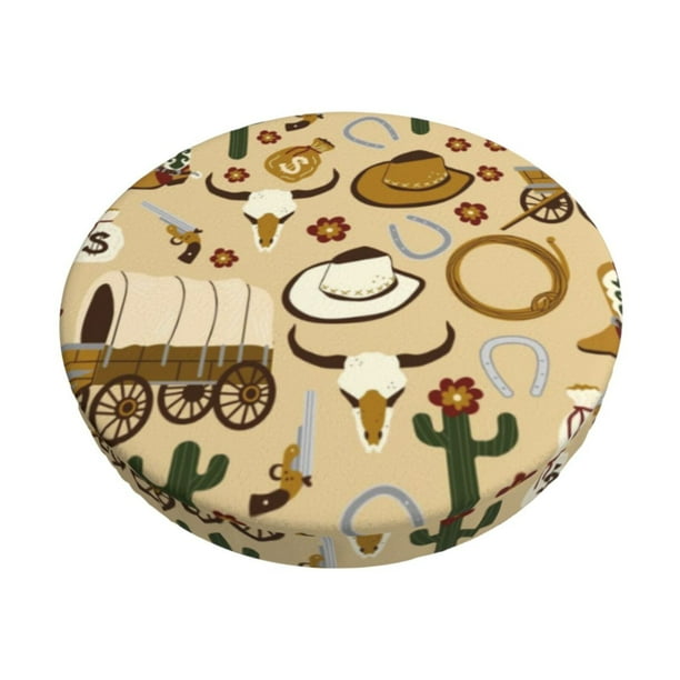 Disketp Wild West Cowboy Funda Redonda para Taburete, Funda de Cojín para Silla de Bar Suave y Elástica-13 inch