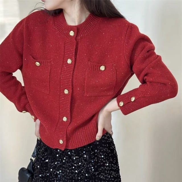 Cárdigan de punto con botones dorados y cuello redondo estilo Chanel de estilo europeo para primavera y otoño, suéter sencillo ajustado y moderno que combina con todo para mujer