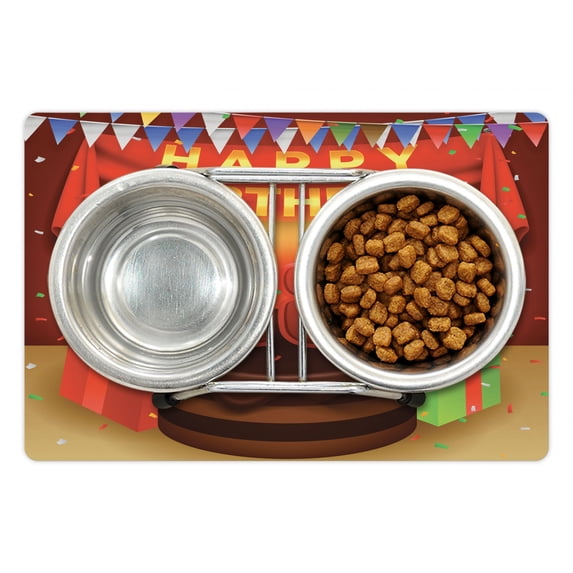 18th Birthday Pet Mat for Food and Water, 18 Happy Birthday Party with Curtains Cakes Baloons Adulthood Image, Non-Slip Rubber Mat for Dogs and Cats, 18" X 12", by Ambesonne