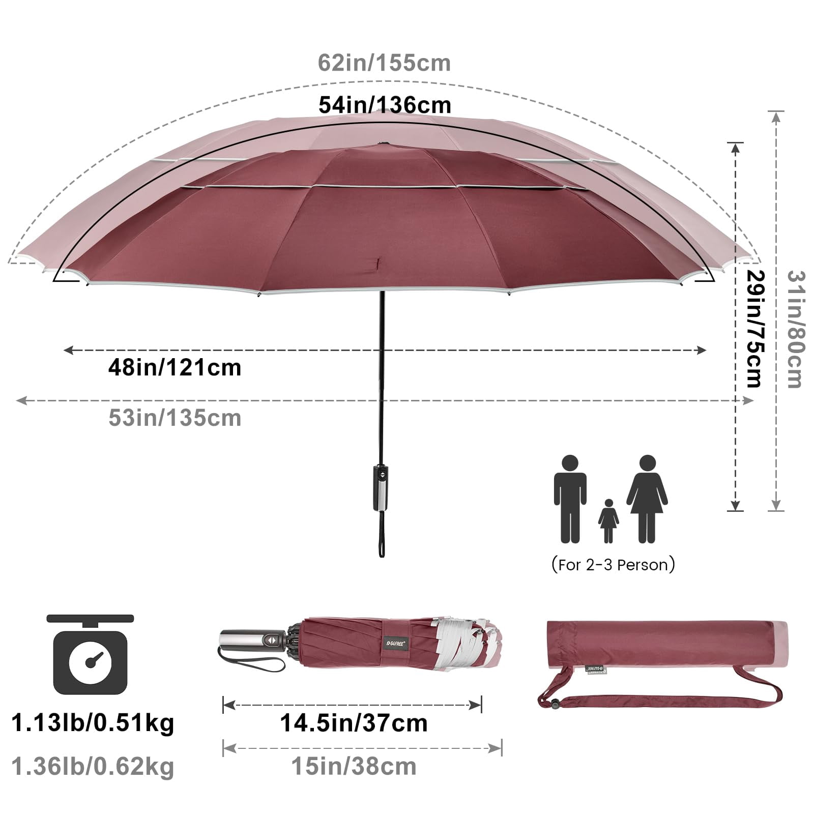 G4Free 54/62 inch Windproof Inverted Umbrella, Reflective Stripe Double Canopy, Automatic Open/Close, Compact for Travel, 10 Ribs Rain Protection