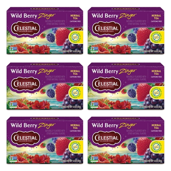 (6 pack) Celestial Seasonings Wild Berry Zinger Caffeine-Free Herbal Tea Bags (20 Count)