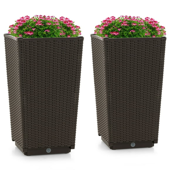 Costway 2PCS Outdoor Wicker Flower Pot 22.5"Tall Planters with Drainage Hole Coffee
