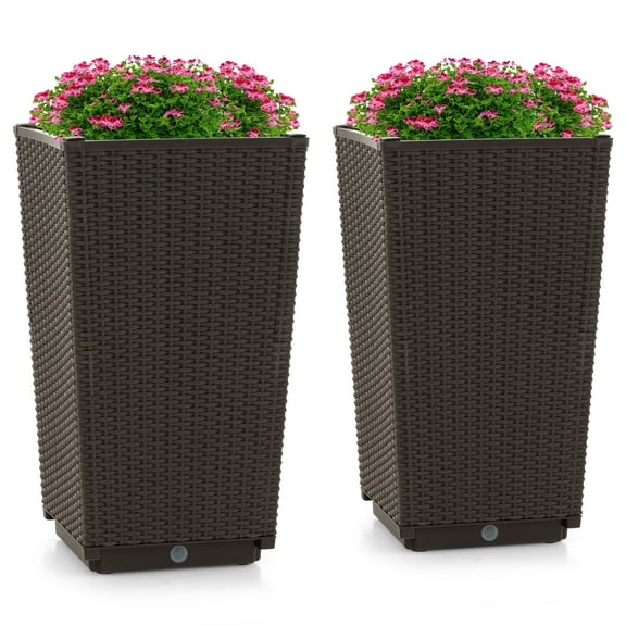 Costway 2PCS Outdoor Wicker Flower Pot 22.5''Tall Planters with Drainage Hole Coffee