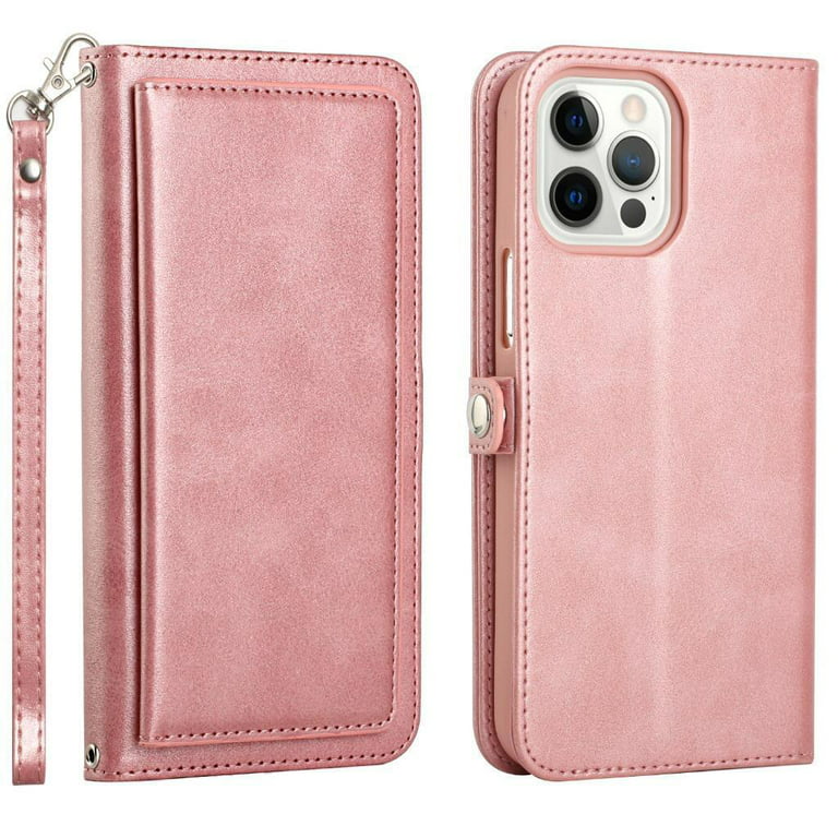 Premium Leather Folio Wallet Case for iPhone 14 Pro Max - Rose Gold