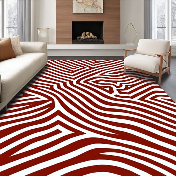 ODIKA 4'x6' Machine Washable Non-Slip Area Rug, Contemporary Zigzag and Wave Featuring Bold Interlocking Stripes High Traffic Rug, Red, 394453
