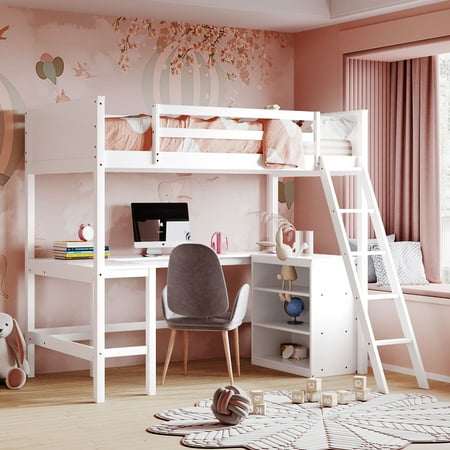 paproos Wood Loft Bed with Trundle  Heavy Duty Loft Bed Frame with Shelves and Desk  Loft Bed No Box Spring Needed (White)