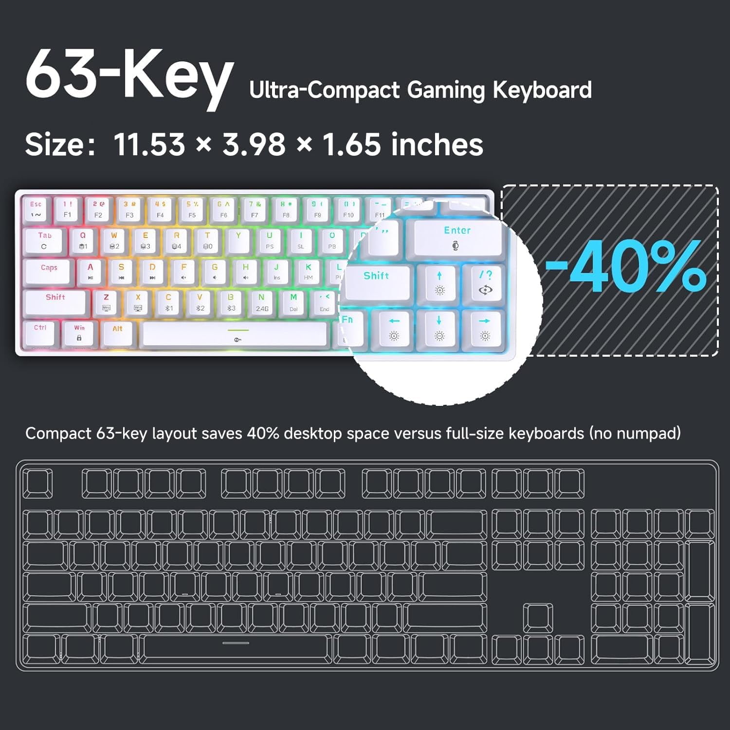 DK63 60% Wireless Mechanical Gaming Keyboard | Bluetooth/2.4G/Wired Keyboard | RGB Backlit Compact 63 Keys Mini Office Keyboard | with Red Switch | for Windows Laptop PC Gamer Typist-White