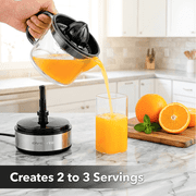 OVENTE Electric Citrus Juicer Machine with 2 Cones, 24 oz, Black JE2572B | Pressure Activated, Pulp Control and Easy Pour Spout, Juice Squeezer for Orange, Lemon, Lime or Grapefruit