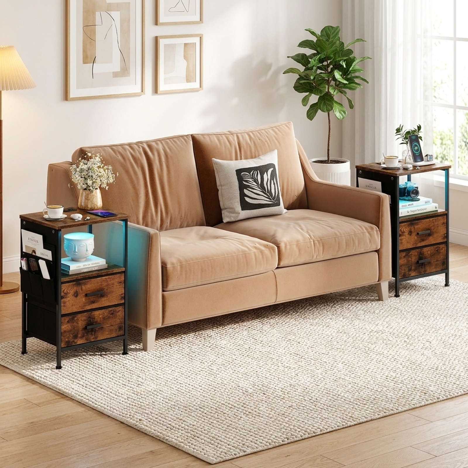 Furnibear End Table Nightstand with Charging Station and 2 Folding Fabric Drawers