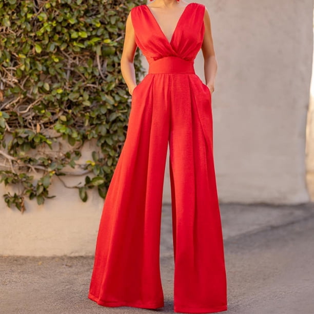 Monos Elegantes Mamelucos sin espalda para mujer Traje de dama de oficina con cuello en V profundo y hombros descubiertos (Rojo XL) Cgtredaw Para estrenar