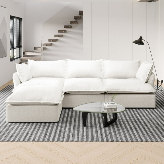 Indecor Home Modular Sectional Sofa Cloud Sofa, Comfortable Cloud Modular L-Shaped Sofa Upholstered Sectional Sofa Couch with Ottoman for Living Room, Bedroom, Apartment,Deep Seat,White