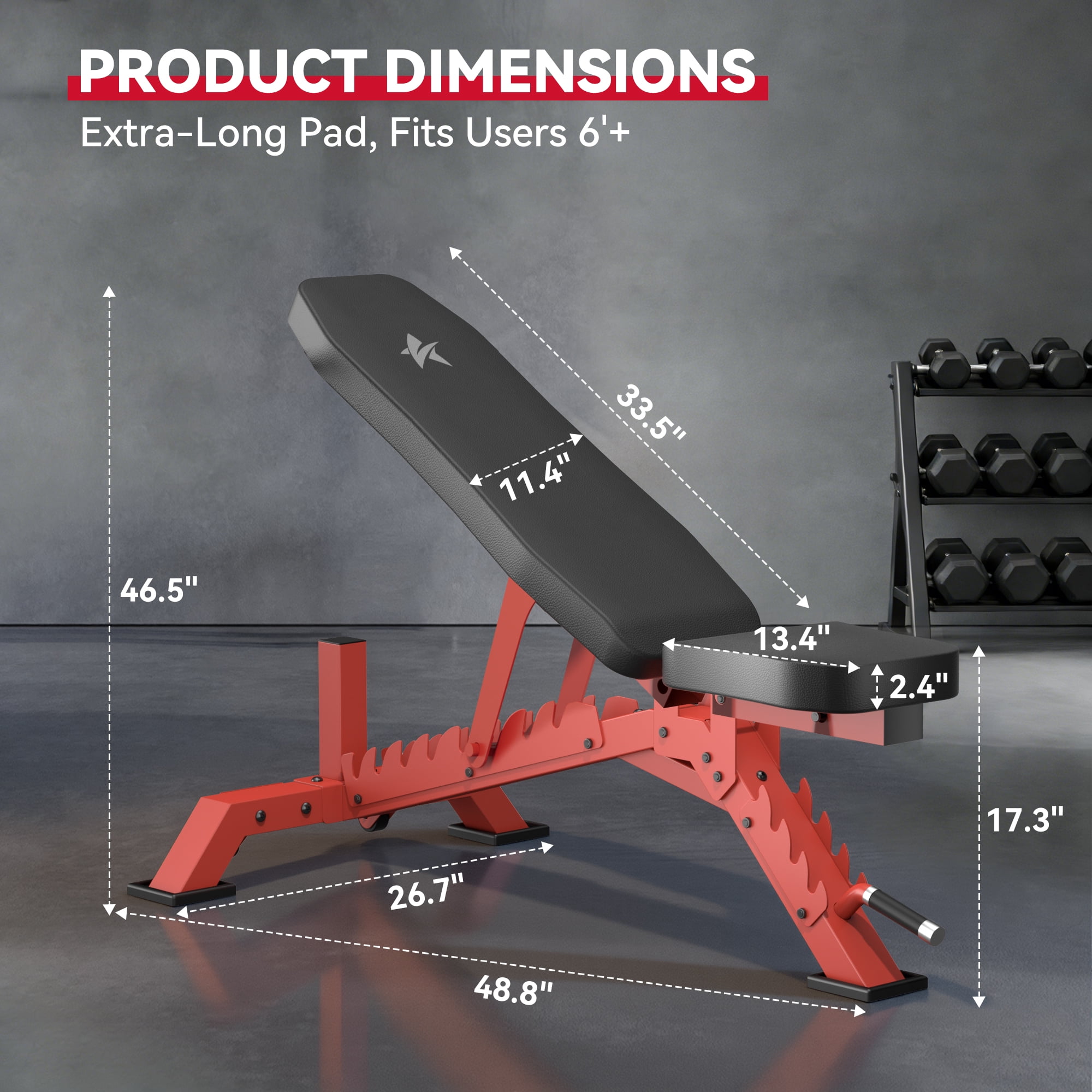 FASTES Adjustable Weight Bench 8 Positions Foldable Workout Bench Heavy-duty Weight Bench Press for Home Gym Full Body Strength Training, Max Weight 1400lbs, Red