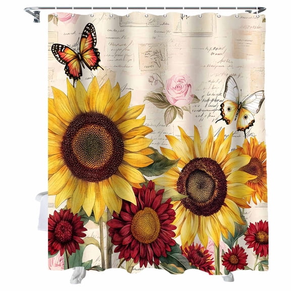 Shower Curtains Yellow Red Sunflower Butterfly Bath Curtain Retro Farmhouse Waterproof Bathroom Shower Curtain Set with Hooks Decoration 36 x 72 Inches