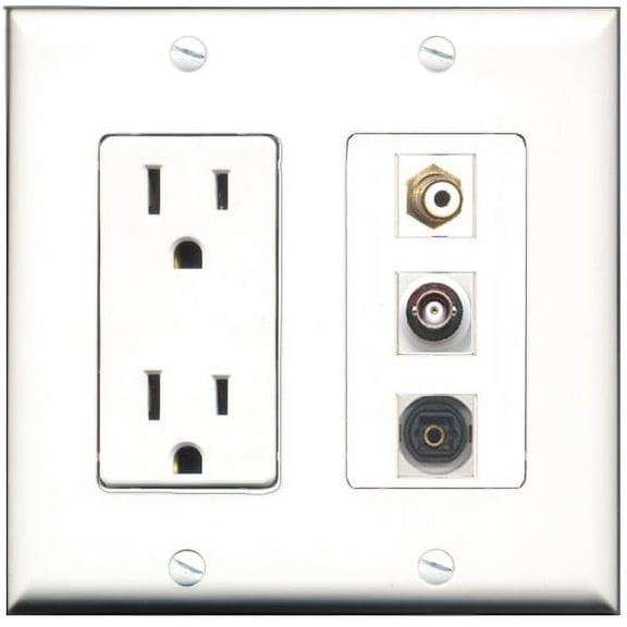 RiteAV - 15 Amp Power Outlet 1 Port RCA White 1 Port Toslink 1 Port BNC Decorative Wall Plate