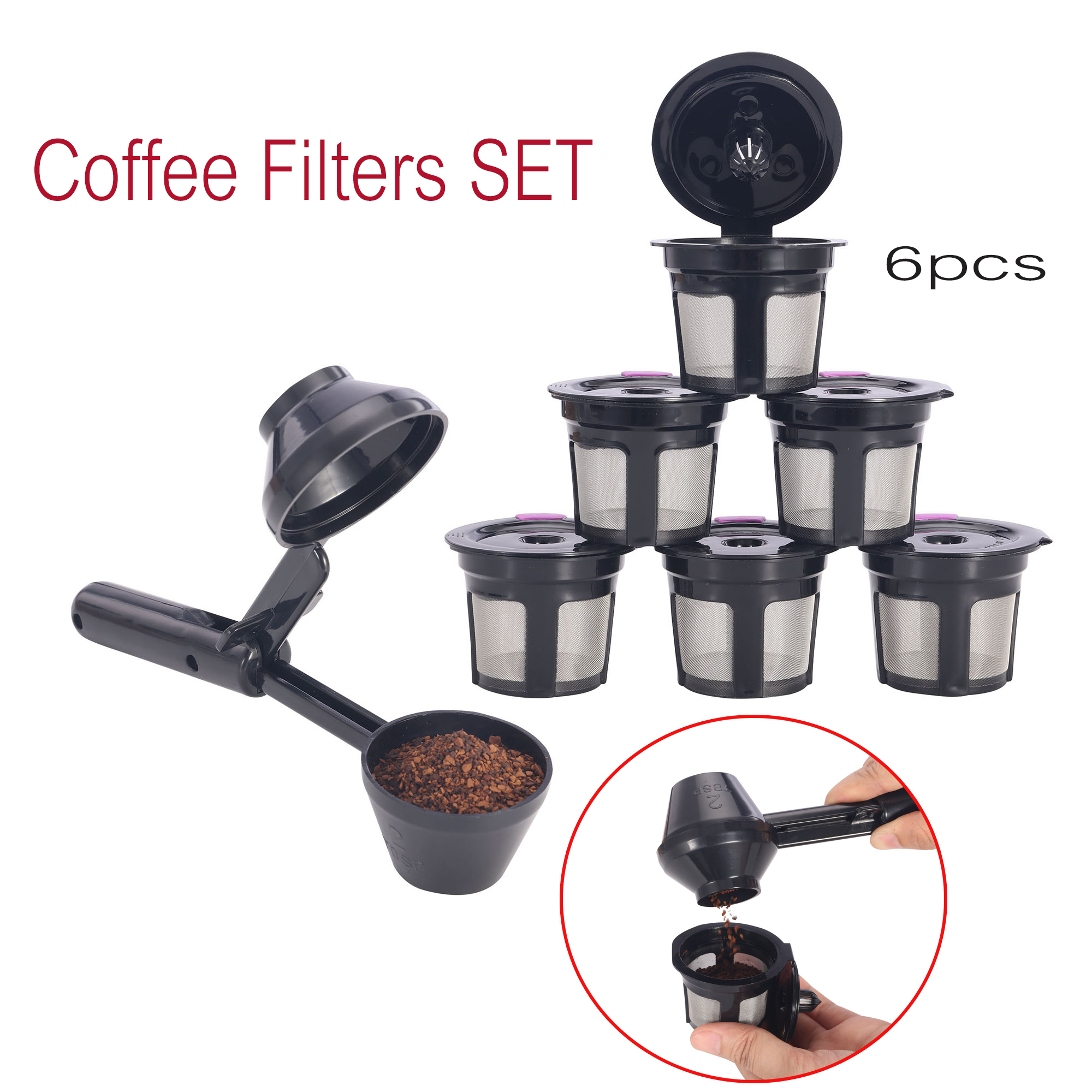 2Item Bundle 6Pack Cafe Save Reusable K Cup Coffee Filters + EZScoop 1 Coffee Scoop with