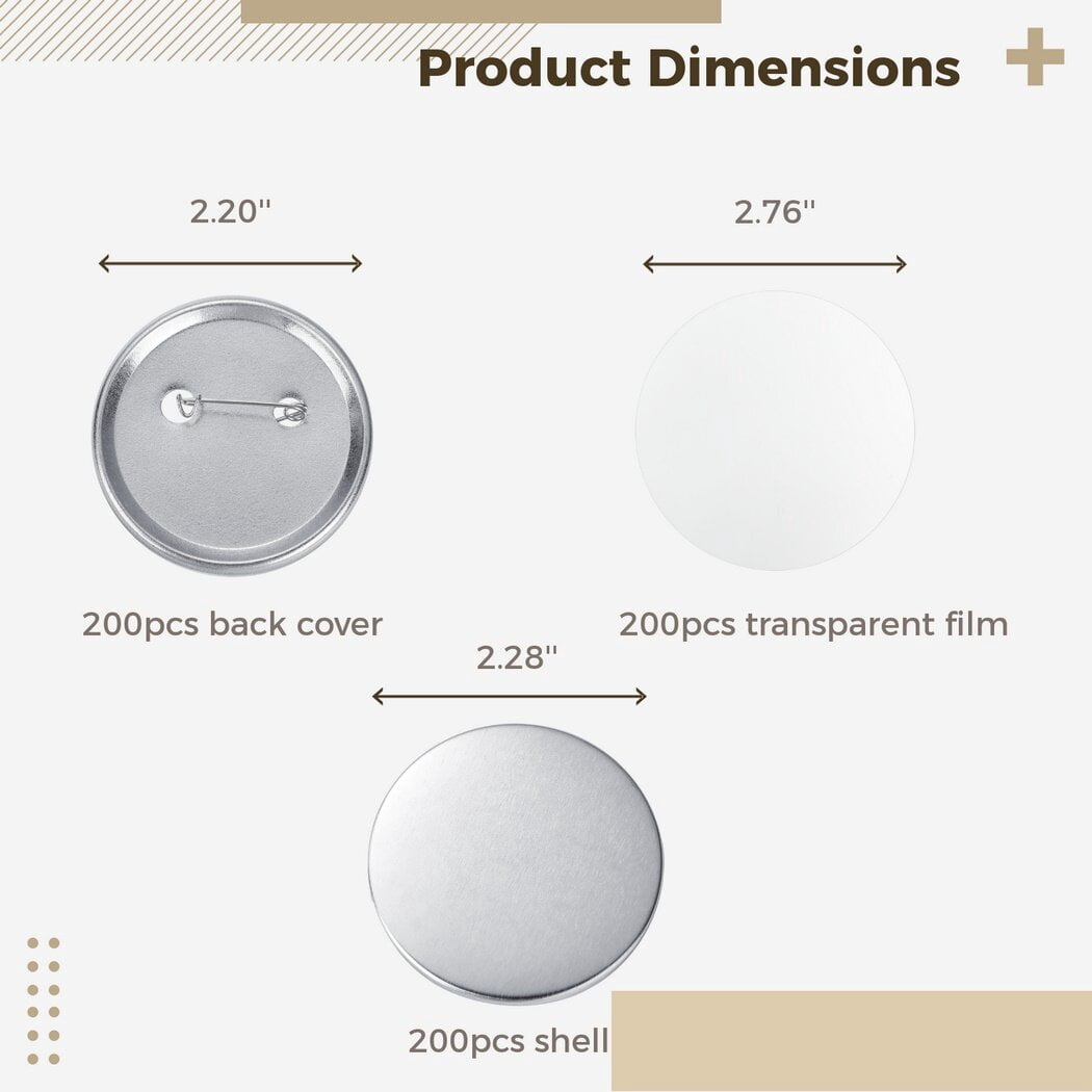 200Pcs 58mm/2.28''Tinplate Buttons Pin Badge, Compatible with Button Maker Machine, Round Blank Button with Pins, Button Making Supplies for DIY Custom