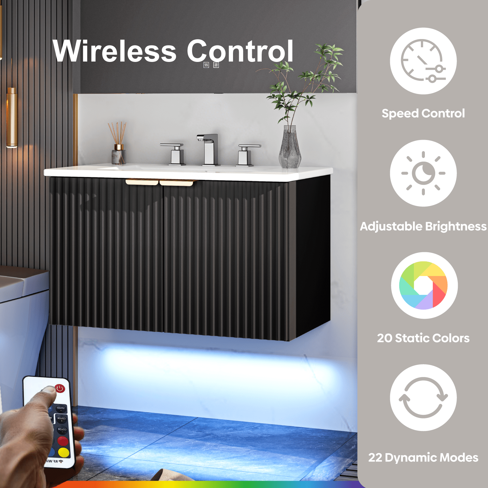 EVOKEDEN 30" Wall Mounted Floating Vanity Cabinet w/ LED Light, Metal Handle & Double Soft-Close Doors, Black