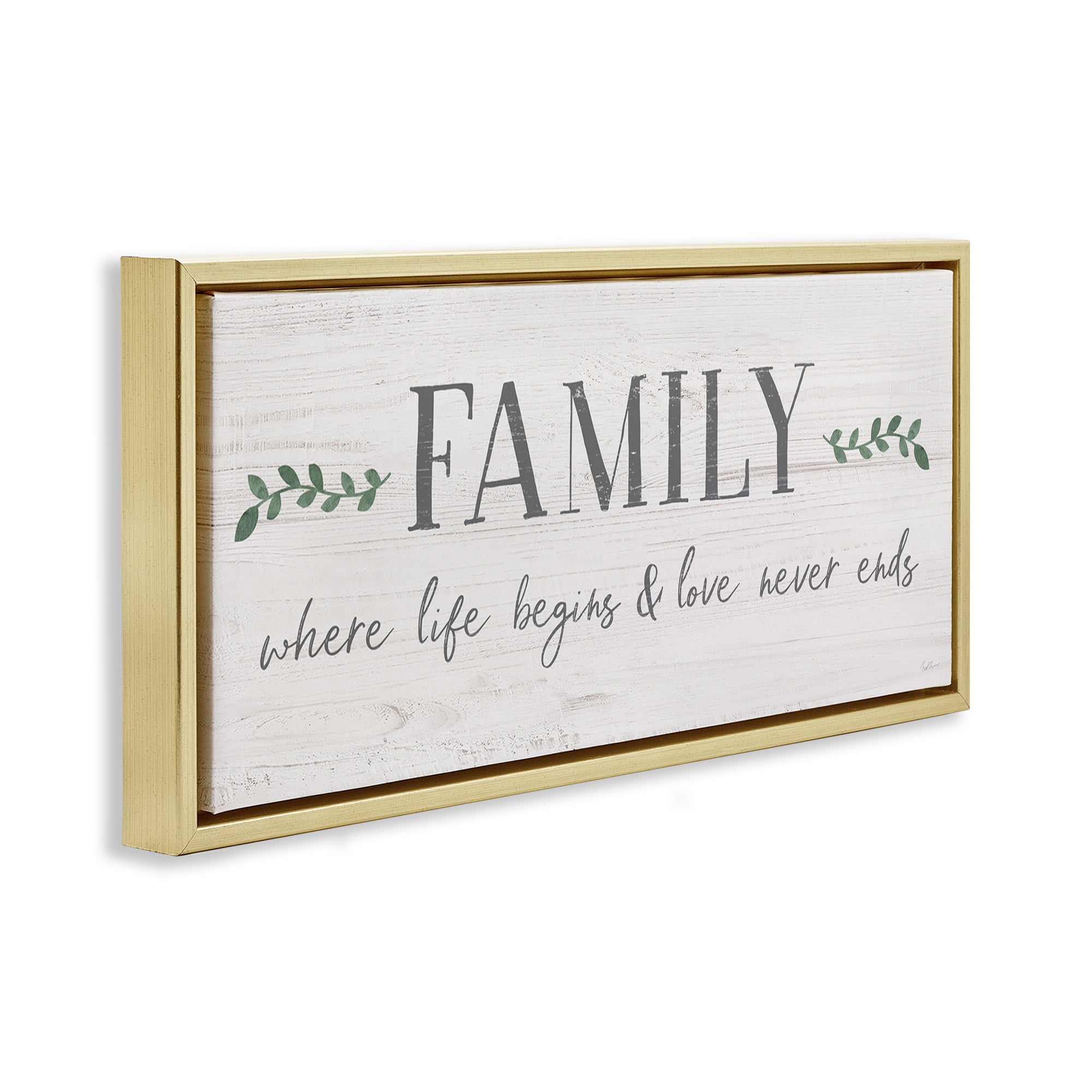 Stupell Industries Love Never Ends Family Phrase Inspirational Painting Gold Floater Framed Canvas Art Print Wall Art, 31 x 14