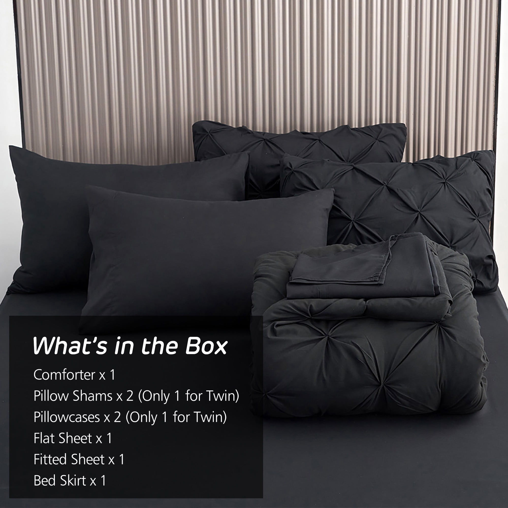 HAOK 8 Piece Pinch Pleated Pintuck Comforter Set - Bedding Bed in A Bag, King, Black