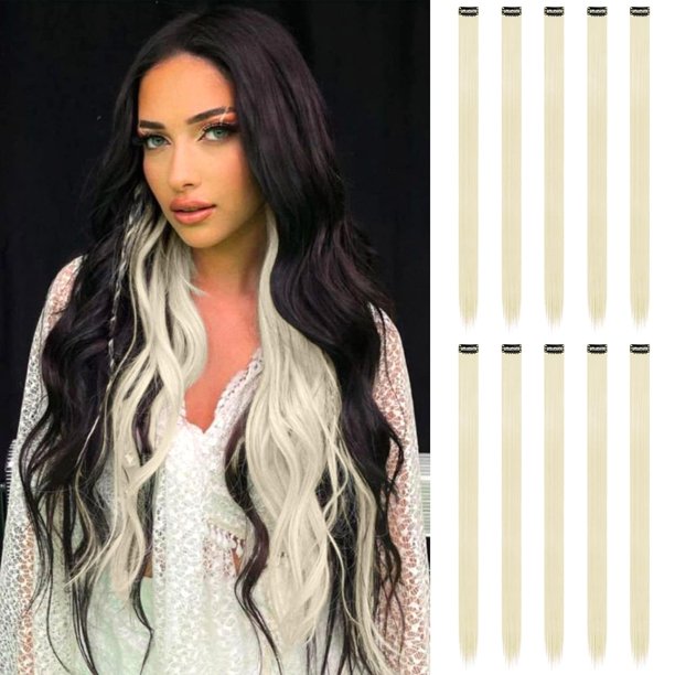FESHFEN Extensiones de cabello con clip verde, extensión de cabello de color, 10 piezas, pieza de cabello resaltado, clip sintético recto colorido en postizos para mujeres y niñas, fiesta diaria, Navi