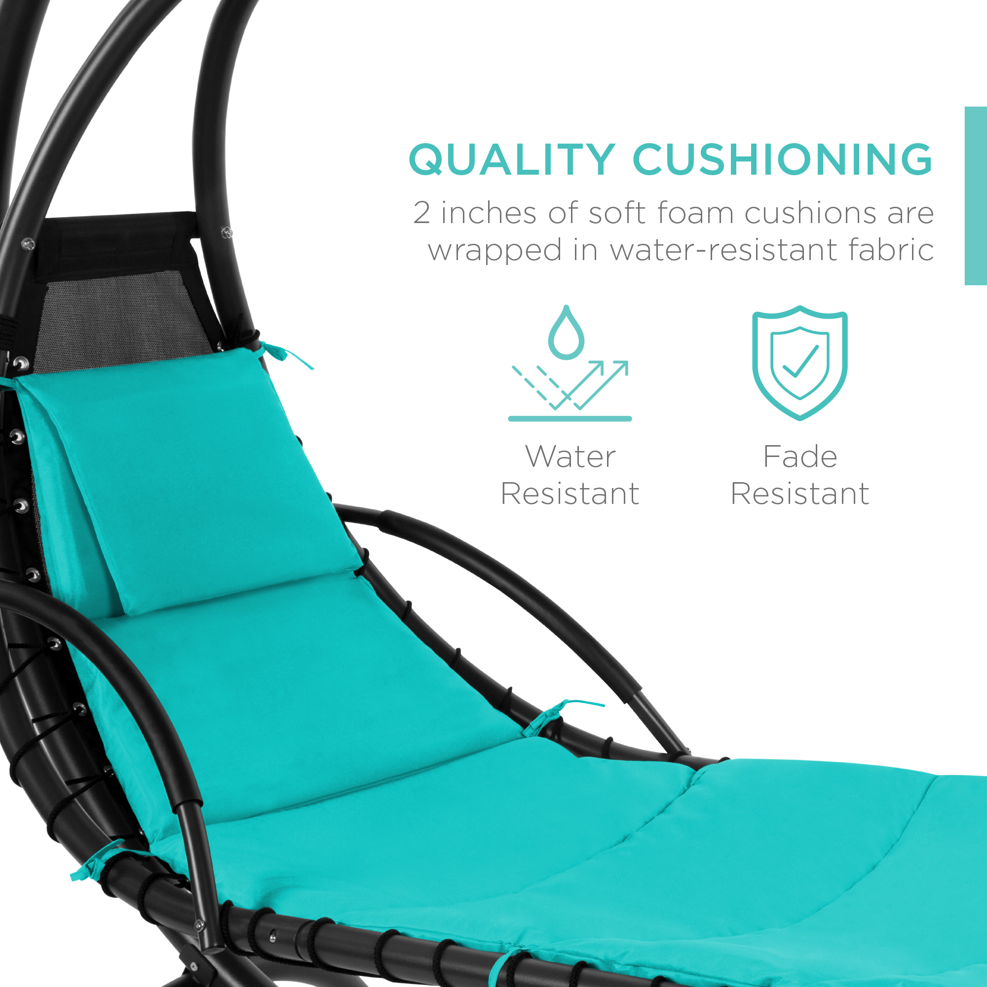 Best Choice Products Hanging Curved Chaise Lounge Chair Swing for Backyard, Patio w/ Pillow, Shade, Stand - Teal - image 5 of 8