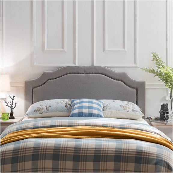 JERFIT Upholstered Queen Headboard with Nailhead Trim, Adjustable Height, Iron Legs