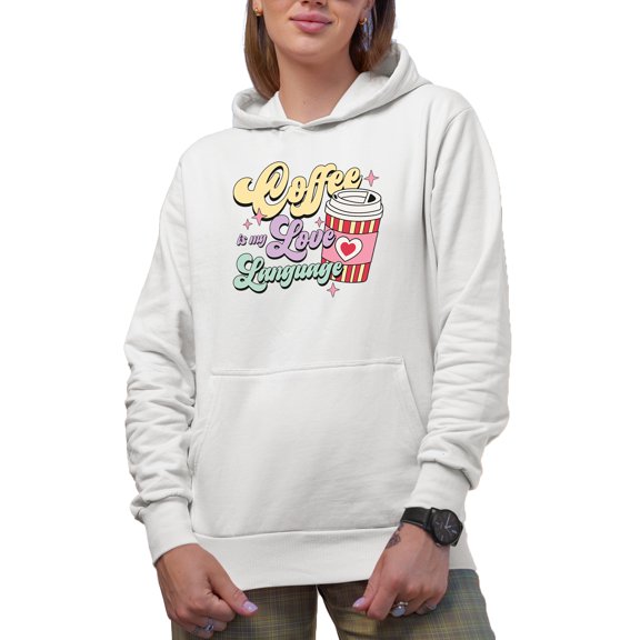 Coffee Is My Love Language, Retro Cup with Heart Art Merch Gift, White Hooded Sweatshirt or Hoodie, Small
