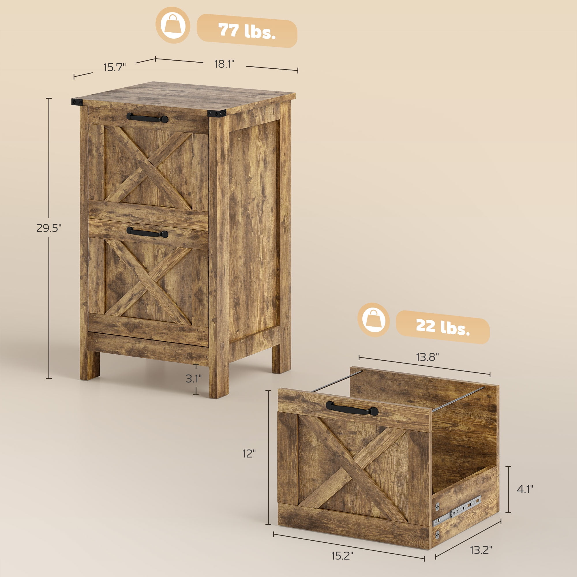HOMCOM 2 Drawer Vertical File Cabinet with Silent Slides, Farmhouse Filing Cabinet with Barn Doors for A4/Letter Size, Printer Stand, Rustic Brown