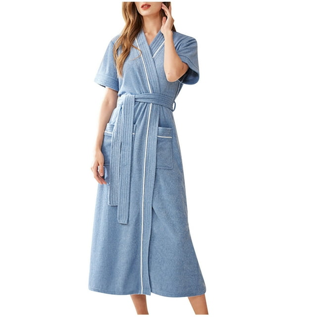 Lightweight Terrycloth Robes for Women Towel Bathrobes Long Soft Absorbent Robes Short Sleeve Spa Robe Long Spa Robe S-31 Blue XL
