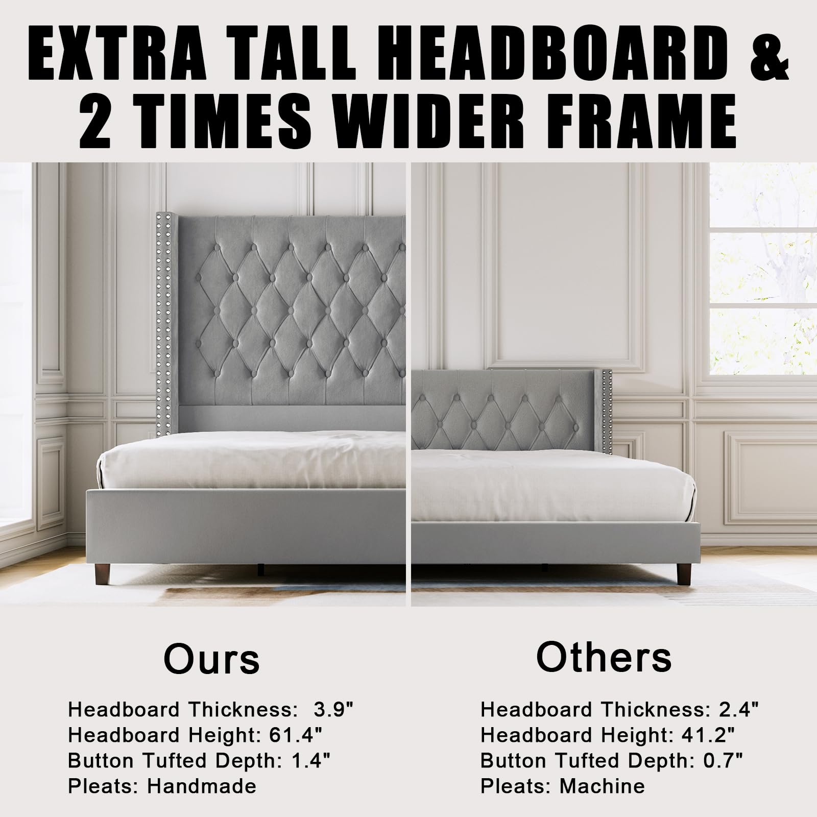 VanAcc King Platform Bed Frame 61.4" Handmade Headboard,Velvet Tall Upholstered Deep Button Tufted,Gray