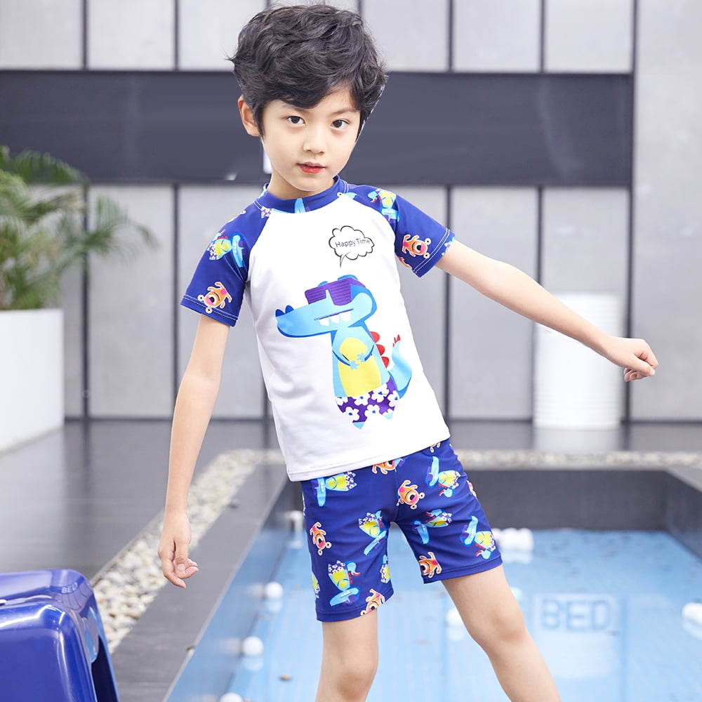 Toddler Baby Boys Kids Swimsuit Short Sleeve Swimming Shorts Swimwear Clothes Sets Sunsuit Cartoon Animals Summer Outsuit 2PCS 