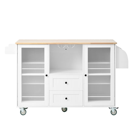 Kitchen Island Cart on Wheels, Storage Trolley with Drop-Leaf Top, Spice/Towel Rack, 2 Drawers & 2-Door Cabinet, Space-Saver for Small Kitchens, White