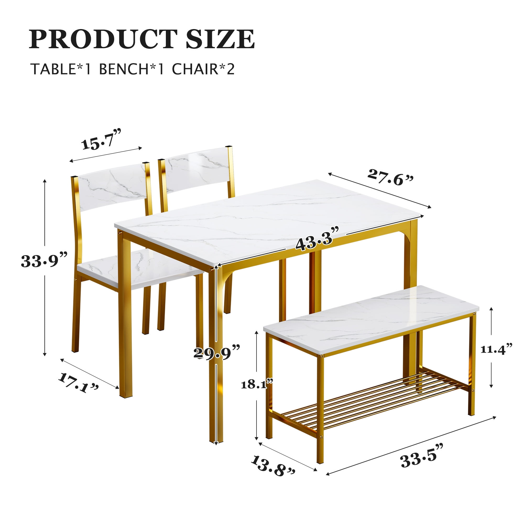 SogesPower 4 Pieces Contemporary Wood, Iron Dining Table Set Gold/White