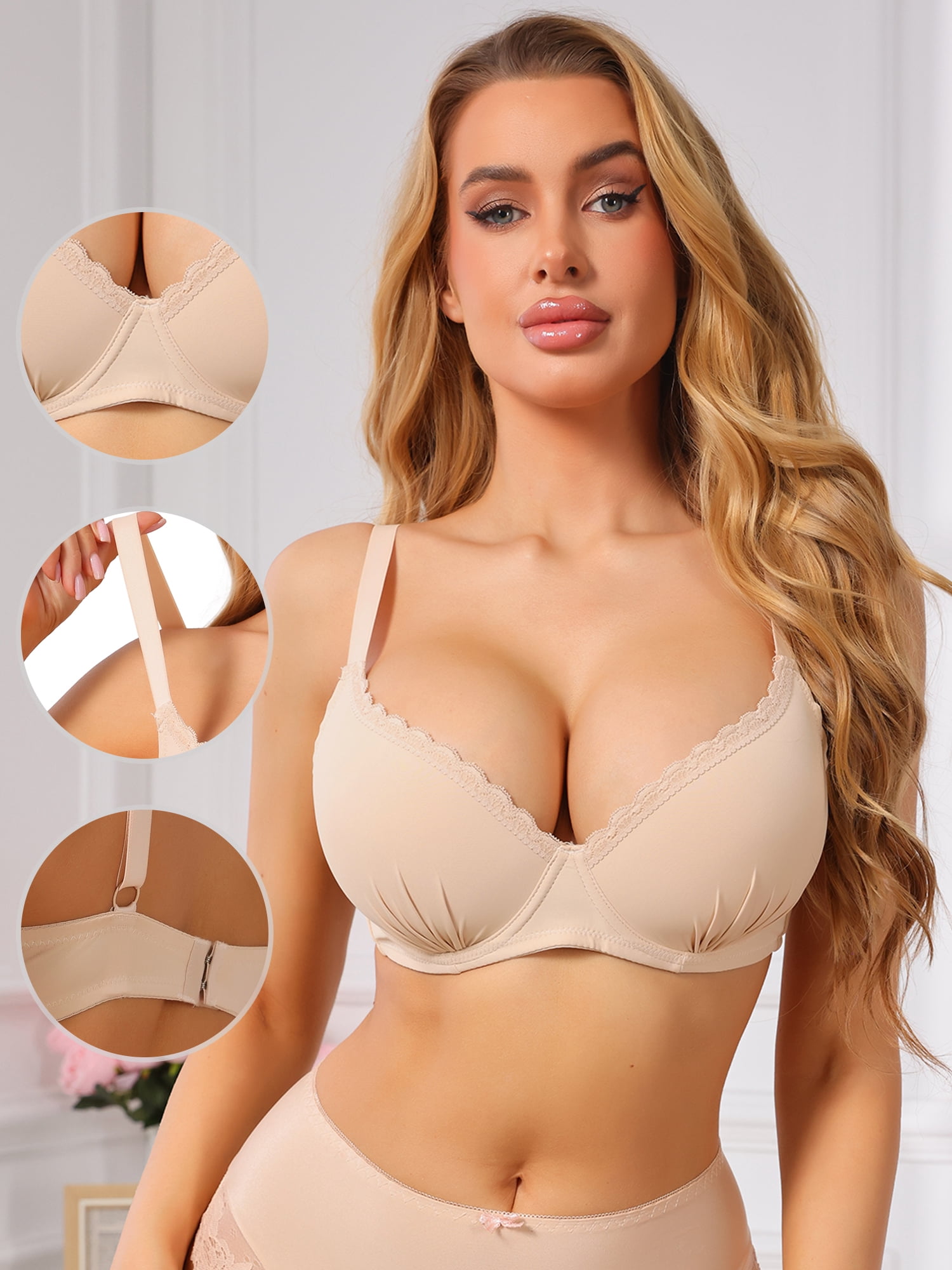 DARING DIVA Women's Deep V Lace Trim Push Up Underwire Strip Support Bra B 36 Beige