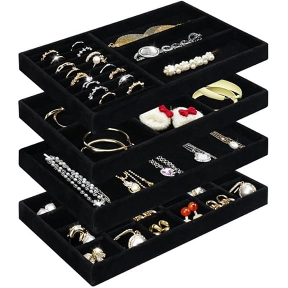 ZLC 4 Stackable Jewelry Trays Organizer Set for Drawer, Jewelry Organizers and Display Case Storage, Velvet Drawer Inserts Organizer for Necklace Bracelets Earrings Organizer, Gift For Her, Black