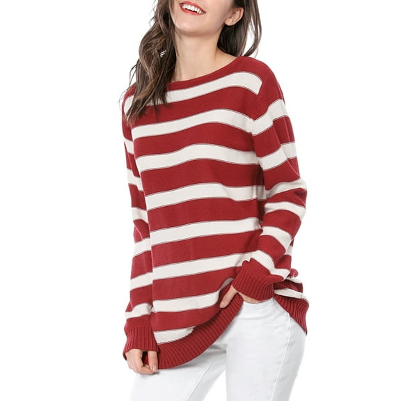 INSPIRE CHIC Women's Round Neck Long Sleeves Drop Shoulder Loose Striped Tunic Sweater L Red